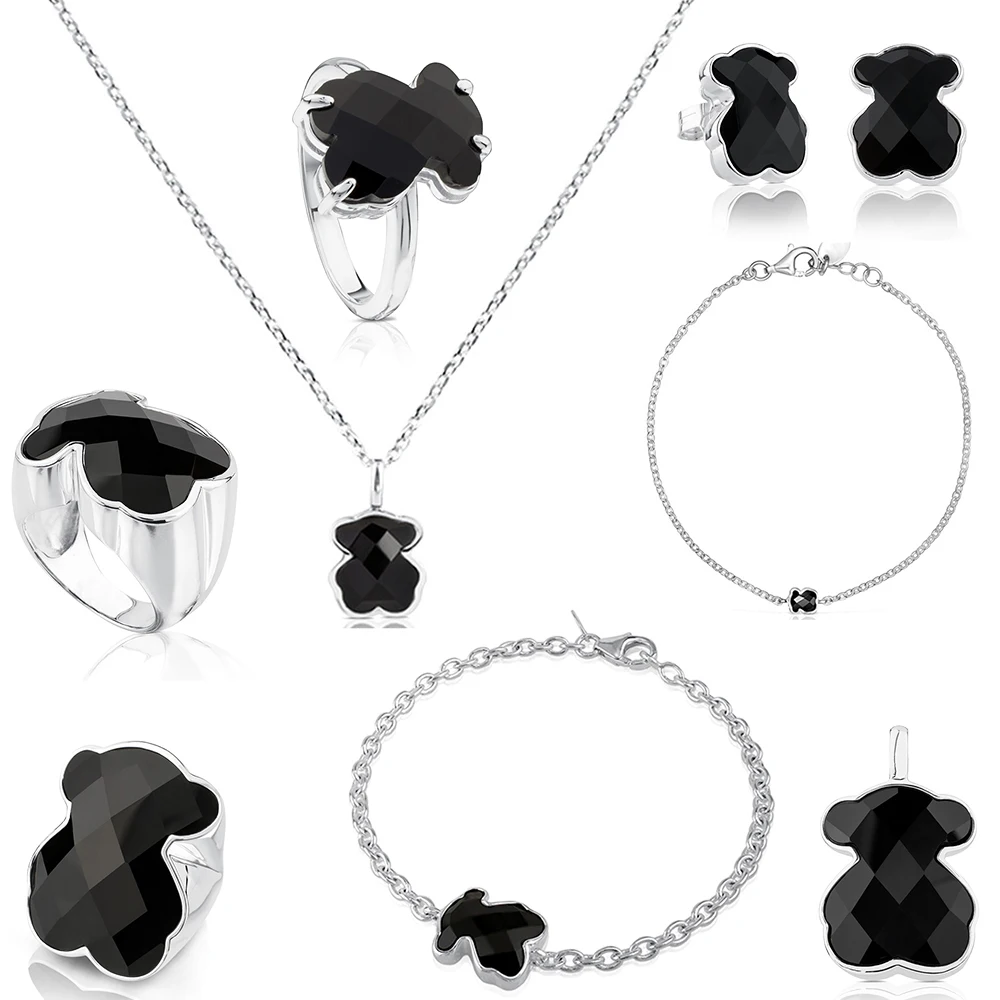 

FAHMI 100% 925 Sterling Silver touses Cute Bear Faceted Black Agate Earrings Bracelet Necklace Ring Pendant jwelery women