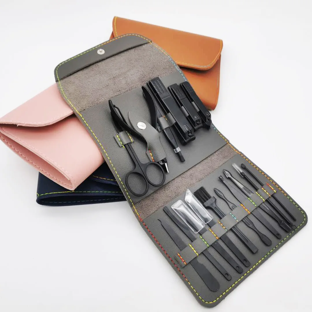 

16Pcs/Set Multifunction Nail Clipper Set Stainless Steel Black Pedicure Scissor Tweezer Manicure Set Kit Nail Art Tools With Bag