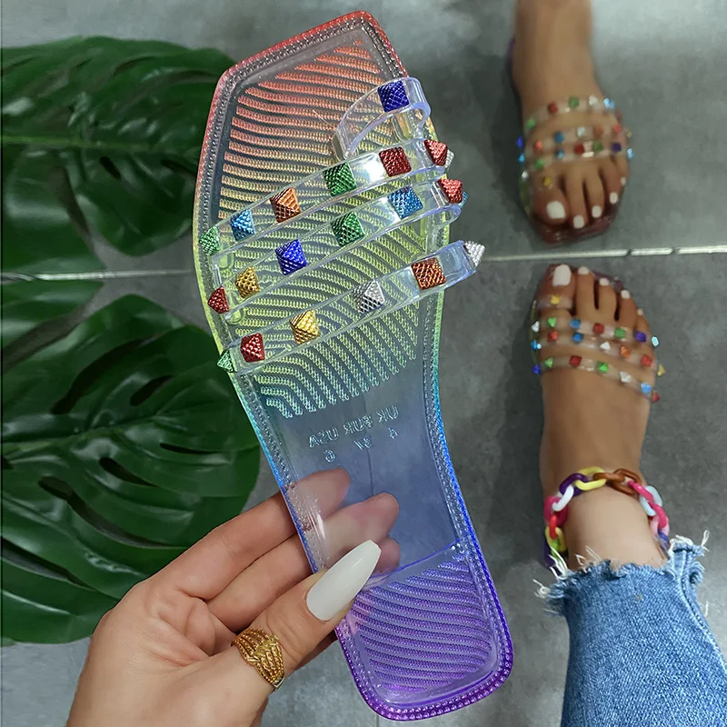 

2021 Summer Rainbow Candy Clear pvc women flat Transparent Slippers bling Diamond Jelly Sandals with rhinestones, Various