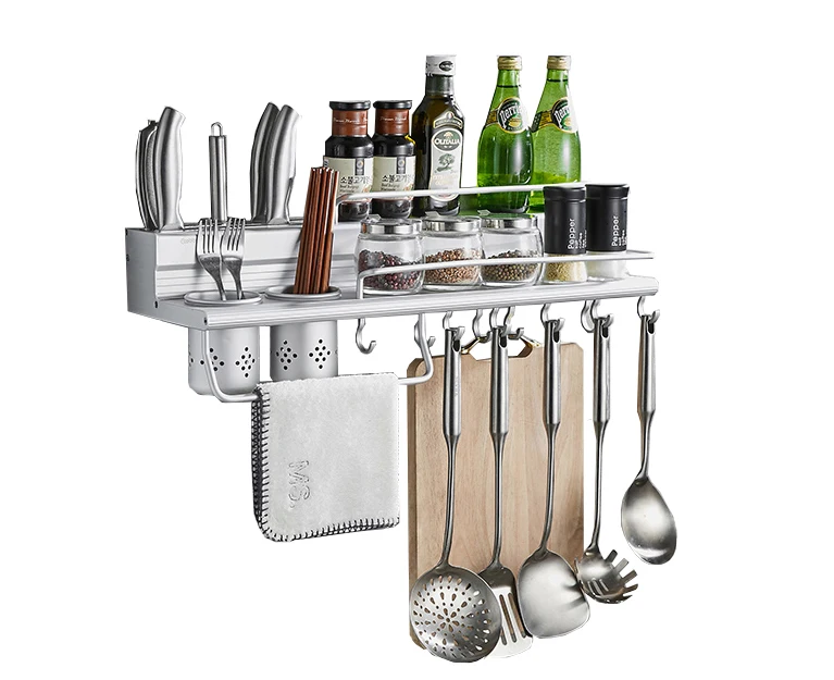 

2 tiers space aluminum wall mounted kitchen rack with chopsticks holder knifes holder, Silver gray