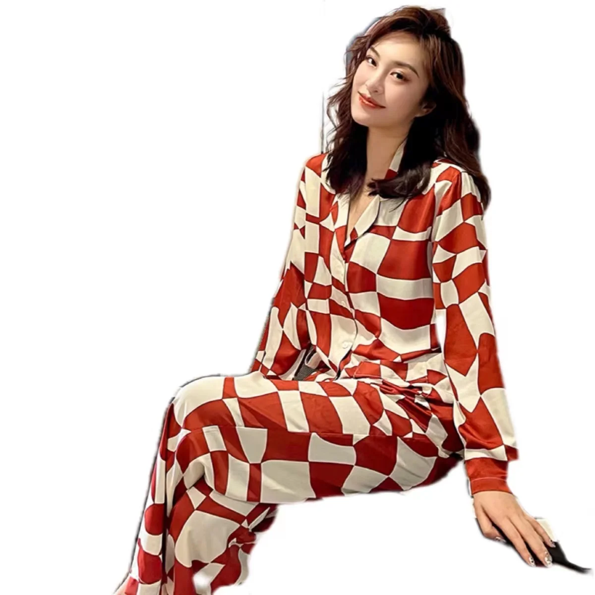 

OEM Custom Checkerboard Pattern Long Sleeve Satin Silk Printing High Quality Pajamas Homewear Confinement Clothes