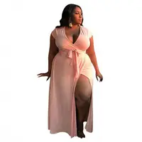 

New Arrival 2020 Summer Fashion Split Woman Plus Size Deep V Sexy Solid Dress