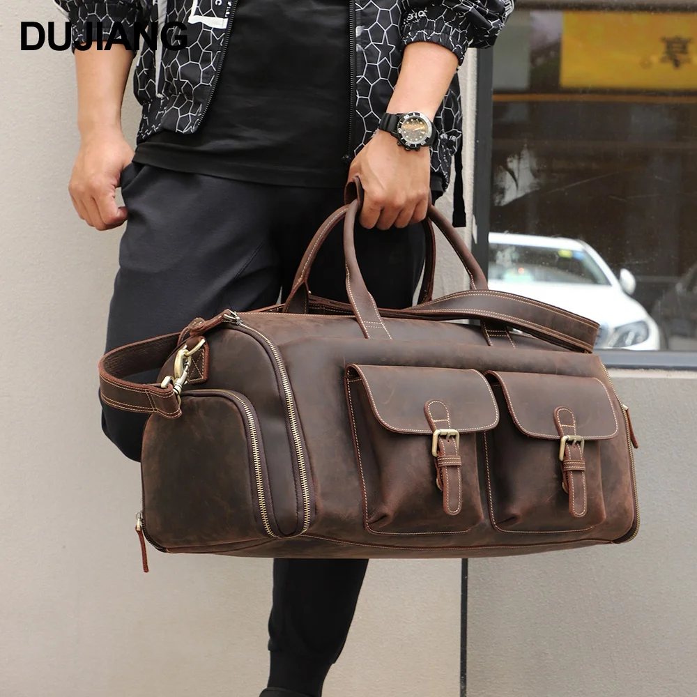 

Genuine Leather Sports Folding Travel Bag Hand Carry Luggage Gym Bags Men Weekender Heavy Duty Duffel Bags With Shoe Compartment, Coffee