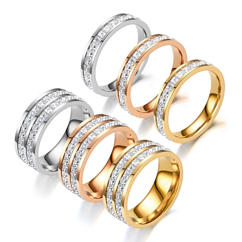 

Hot Sale Gold Plating Wedding Couple Rings CZ Crystal Lover Jewelry Stainless Steel 18K Gold Plated Couple Wedding Rings Bands