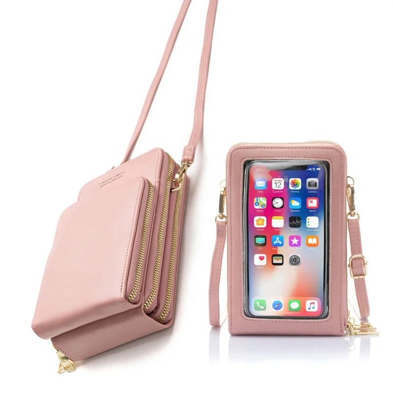 

2021 new fashion hot design zipper Pu leather solid color ladies shoulder bag phone ladies mobile phone touch screen bag, 8 colors