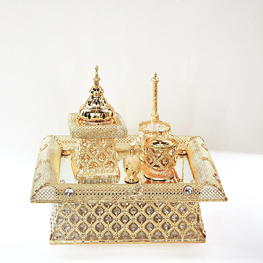 

QIAN HU Elegant Metal Electroplate Gold Arabic Perfume Oil Incense Burner Holder Church Antique