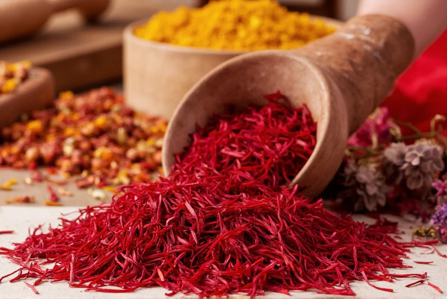 Close-up photograph of saffron crocus flowers with purple petals and red stigmas against soil background