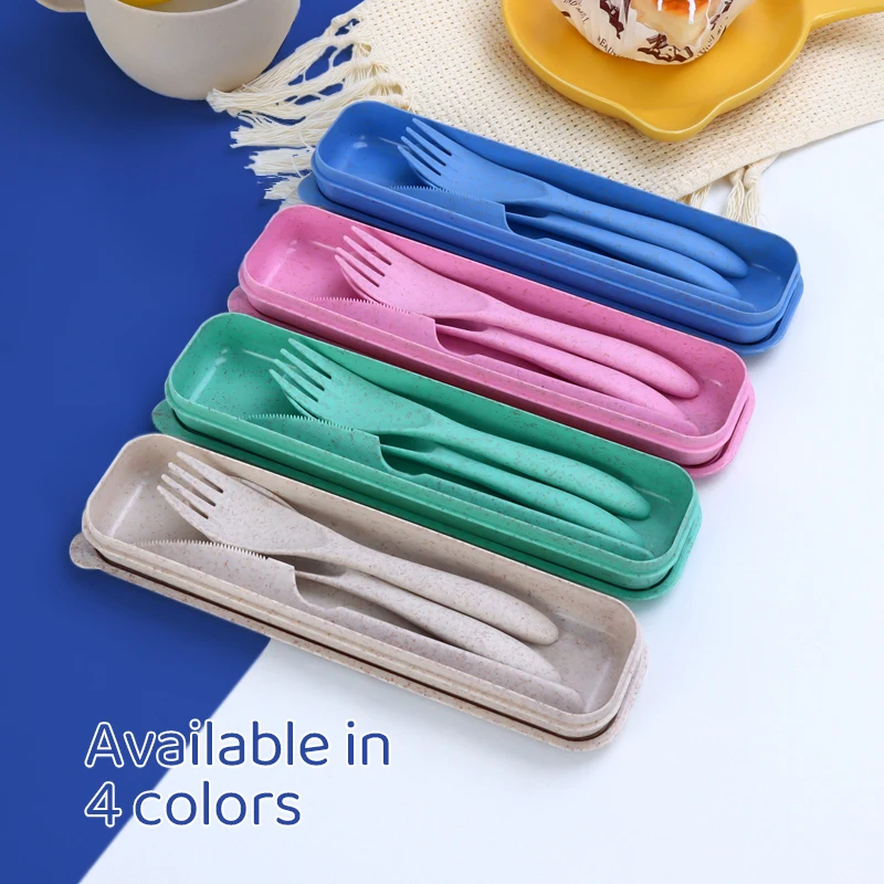 

Portable Cutlery Flatware Set Eco Friendly Fork Knife Spoon Set Wheat Straw Dinner Set Outdoor, Blue / beige / pink / green