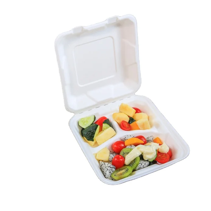 

A9 3-Compartment Bagasse Takeout To Go Clamshell Food Container Disposable Biodegradable Lunch Box