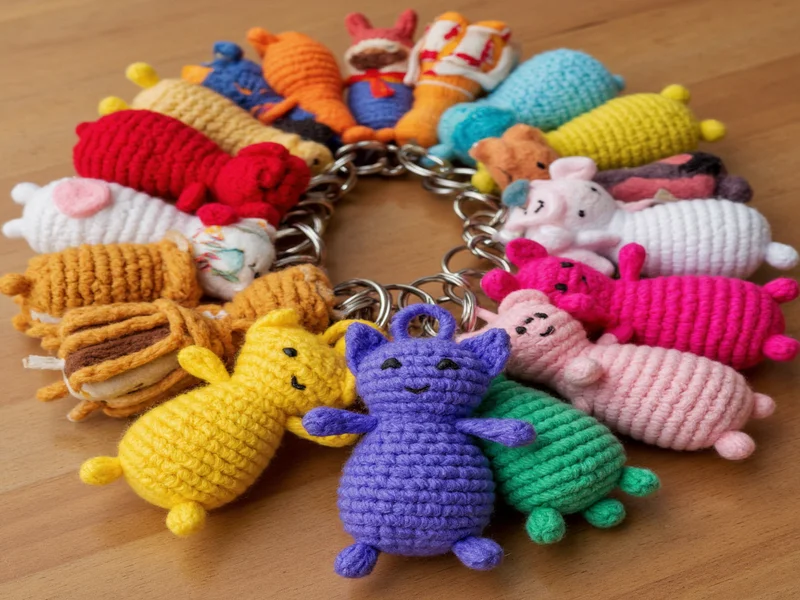 Colorful yarn animal keychains on wooden surface