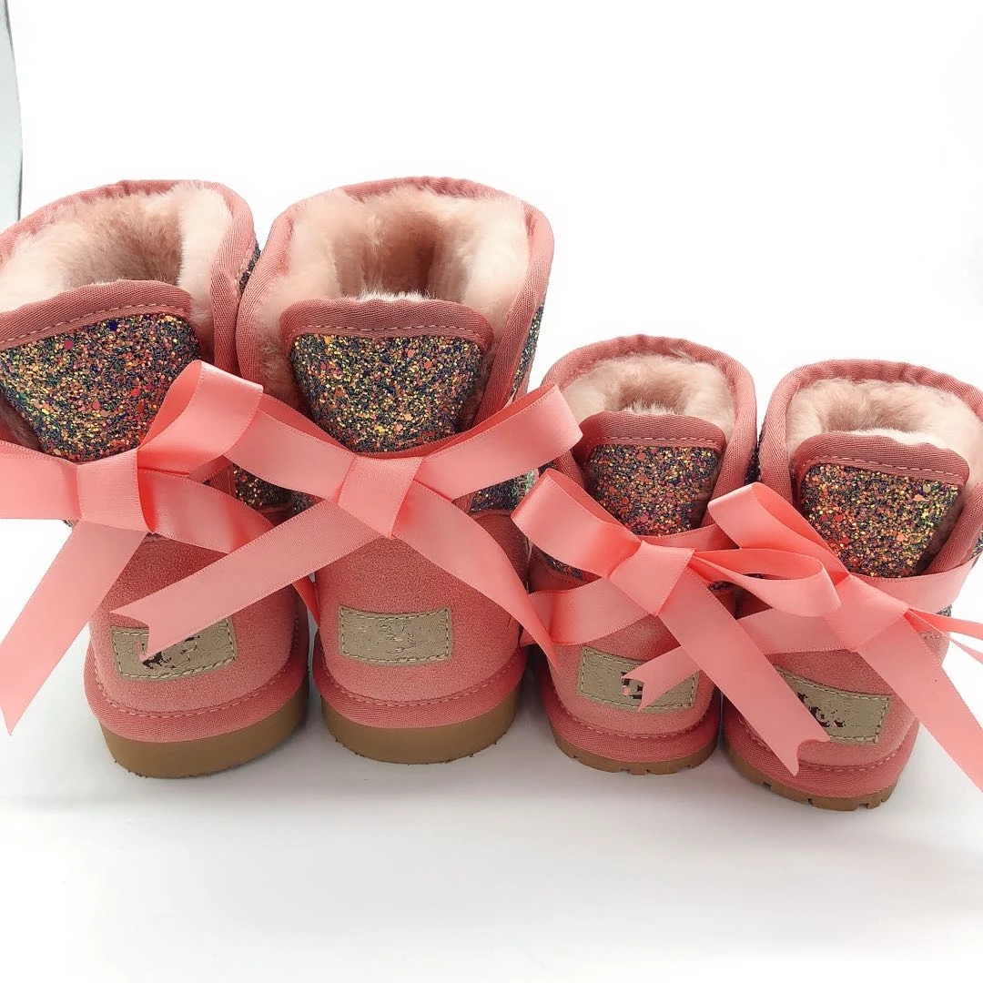 

Hot selling women's snow boots bright leather fake hair bow children's Boots pink, Customized color