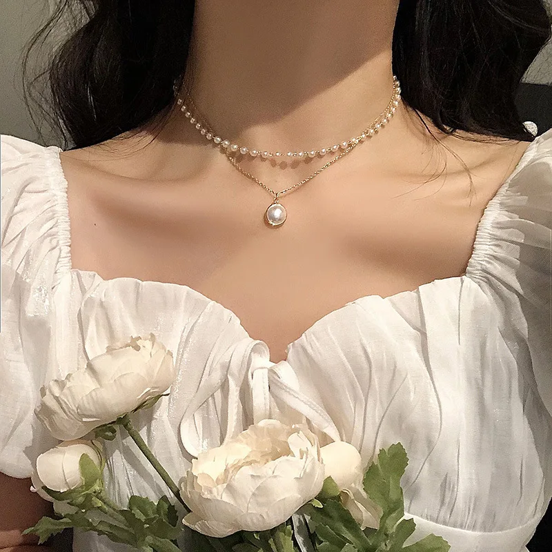 

HOVANCI 2020 Double Layer Chain Choker Pearl Pendant Necklace Baroque Pearl Bead Chain Necklace