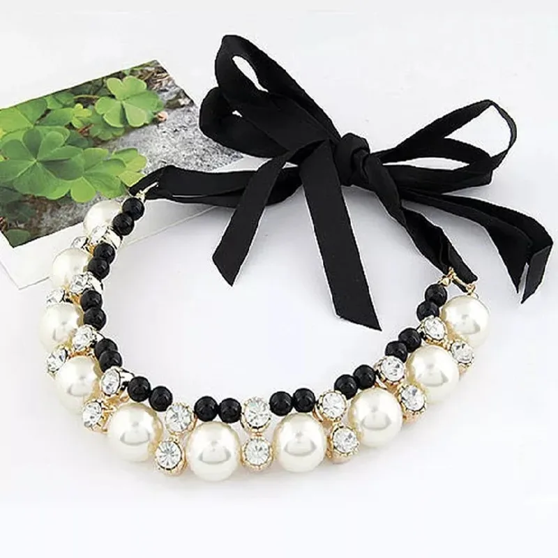

Ribbon Pearl Pet Collar Bow Dog Cat Necklace Jewelry Rhinestones Alloy Pet Accessories