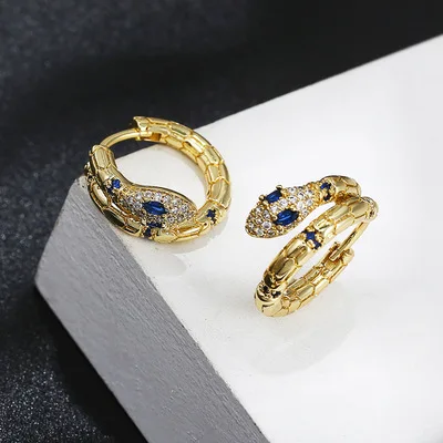 

European and American retro silver-plated paint snake unisex gothic stainless steel bling gold ring, As shown