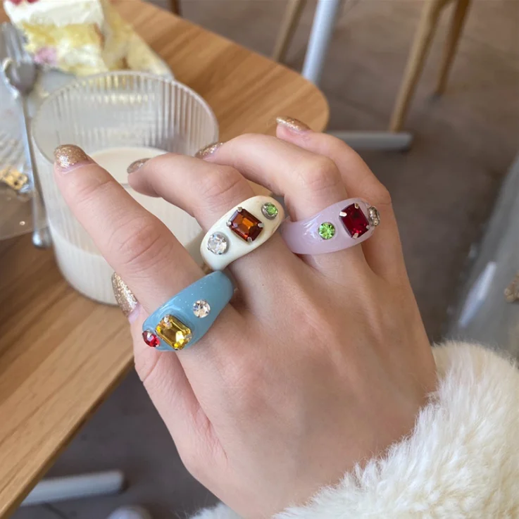

wholesale 2021 korea fashion colorful resin crystal ring personalized geometric diamond ring hot selling party rings for girls