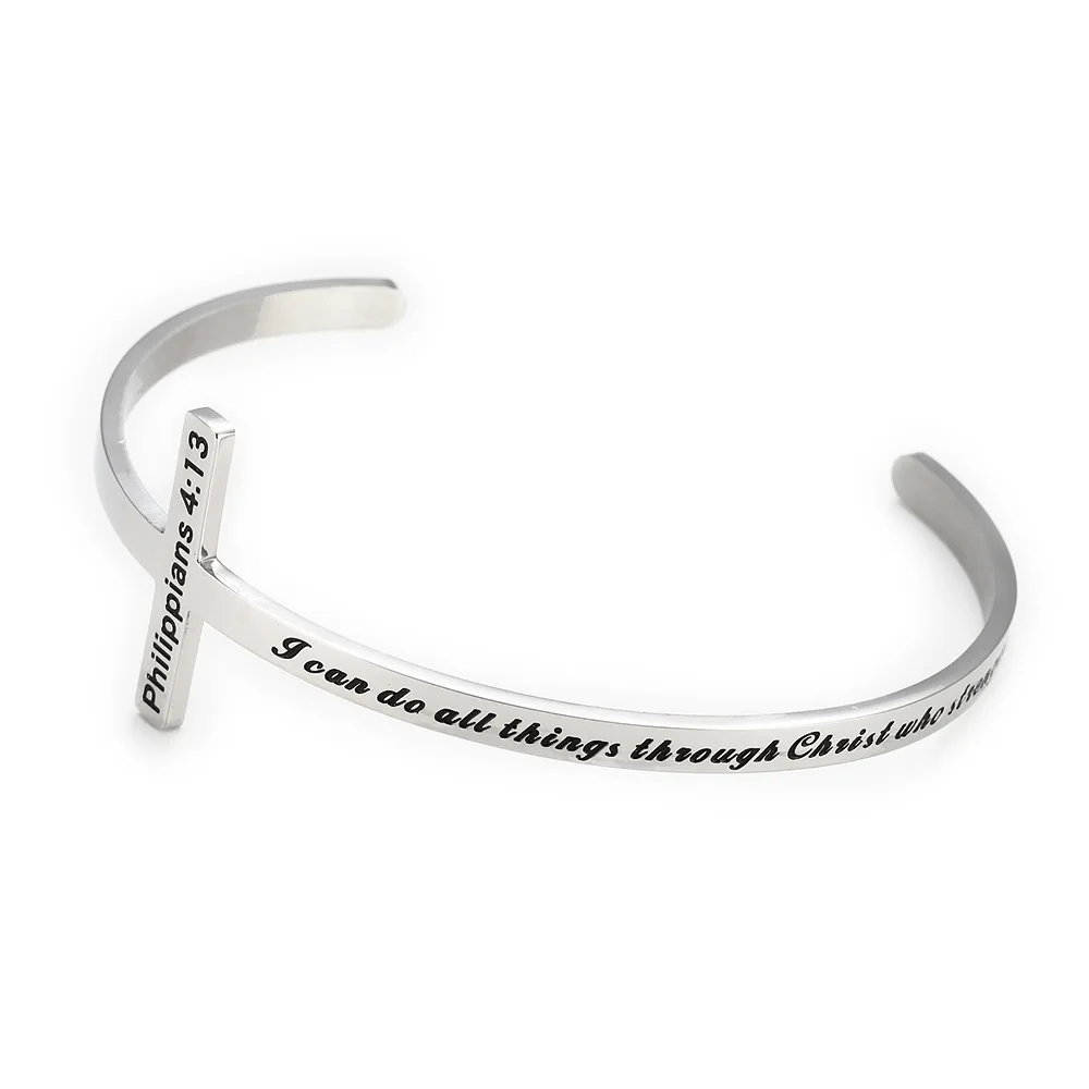 Cross Bracelet Christian Gift For Women Engraved Religious Cuff Bangle