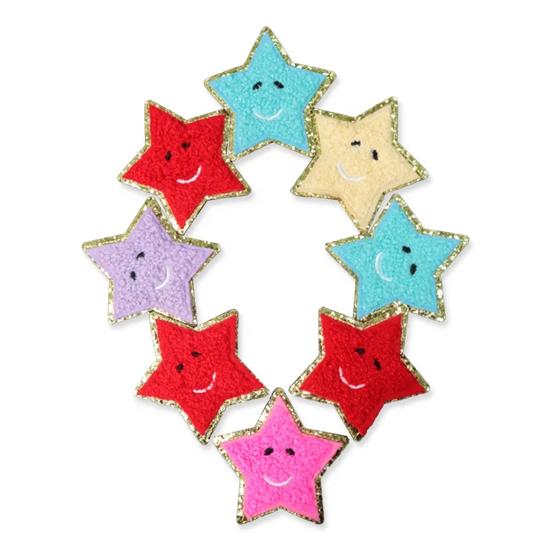 

Wholesale Patches Custom Logo Embroidery Star Glitter Patches Iron On Chenille Glitter Stars Patches