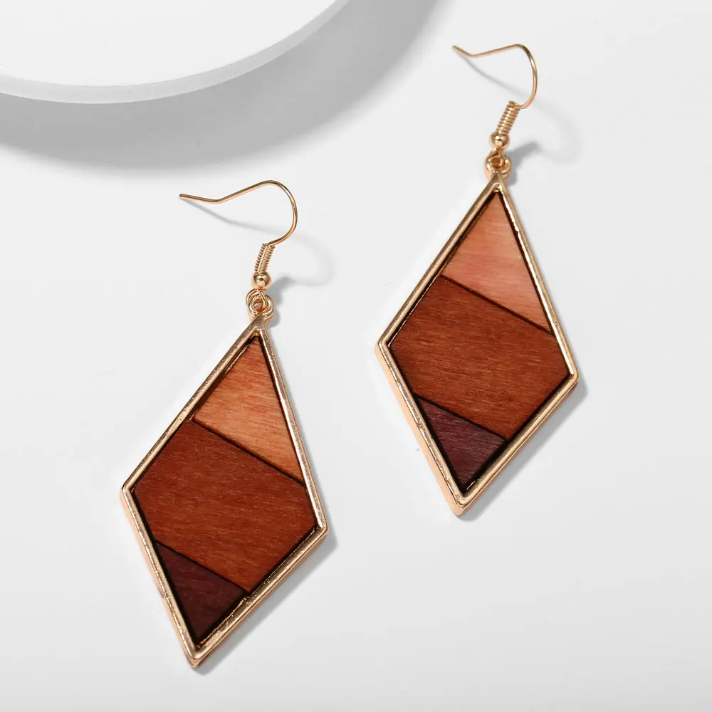 

5271 New Fashion Jewelry Custom Ombre Brown Wood Split Gold Plated Drop Alloy Earrings