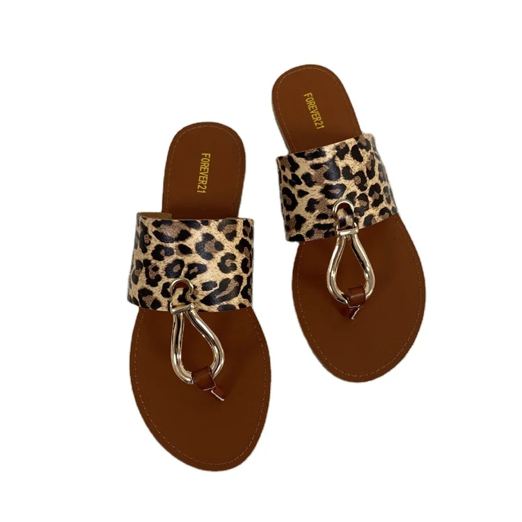 

2021 new arrival summer female ladies women casual pu leather leopard printed one strap woven flat slippers and sandals shoes