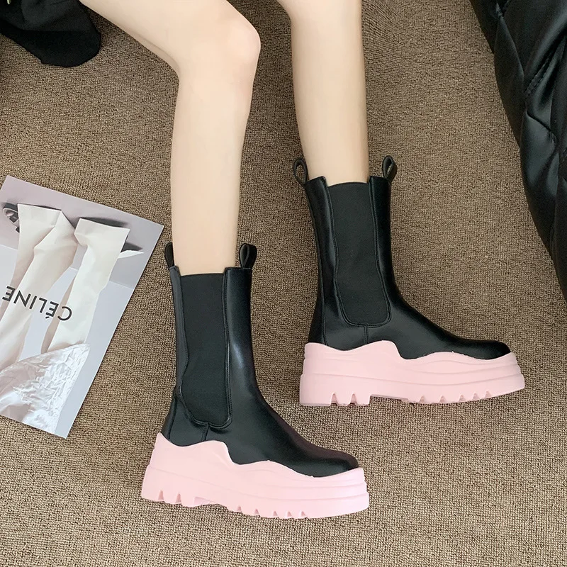 

Fashion Solid 2021 Thick Soled Waterproof Leather Chelsea Boots Woman Chelsea Boot, Photo color