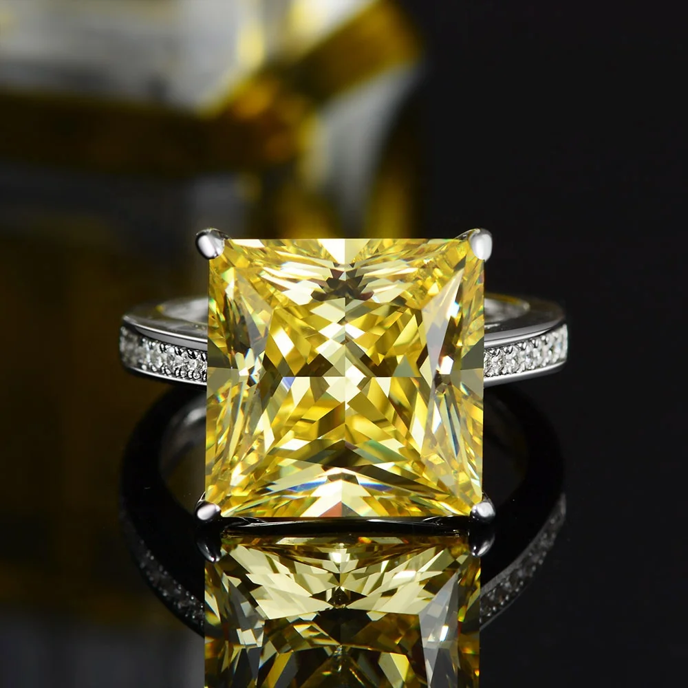 

925 Sterling Silver Jewelry Rhodium 12*12mm Princess Cut Yellow Diamond Engagement Promise Ring