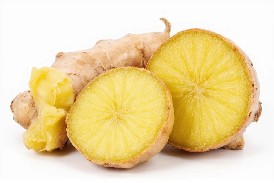 Fresh ginger root sliced open showing fibrous interior and ginger compounds molecular structure