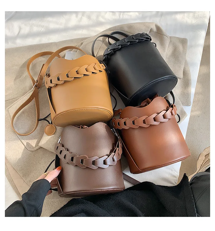 

2021 hot style fashion designer textured retro cylinder women bucket handbag