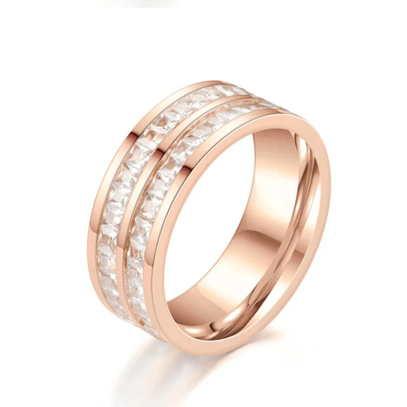 

Gift Full Crystal Setting Ring Men Stainless Steel Engagement Ring Diamond Gold Silver Wedding Ring, Silver, rose gold