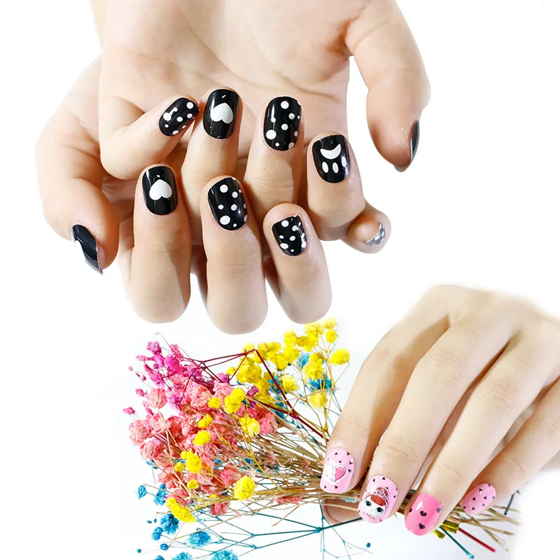 

24 PCS/set Press on Children Candy False Nails Cartoon Full Cover Kid Pink Fake Nails for Little Girls 24 Designs Manicure Tool, Clear/natural/white