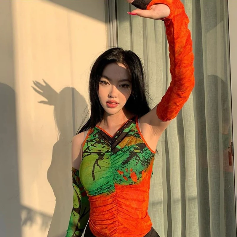 

Nibber S1736822 2021 New Fashion Summer Long Sleeve Casual Sexy Mesh Slim Crop Top & T-Shirt Lady Streetwear Women 2pcs T shirt, Orange