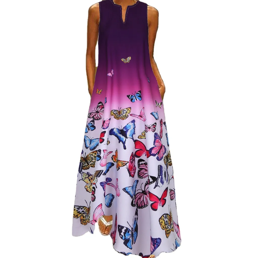 

New design 3D butterfly Print Long Maxi Dress Summer 2021 Women spandex Robe Sleeveless Casual Female Dresses Vestido mujer 5XL