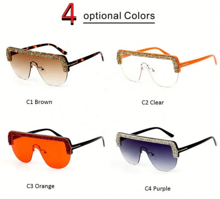 

Wholesale Stylish One-piece Lens Flat Frame Sunglasses Women Diamond Colorful Rhinestone Sunglasses, Colors