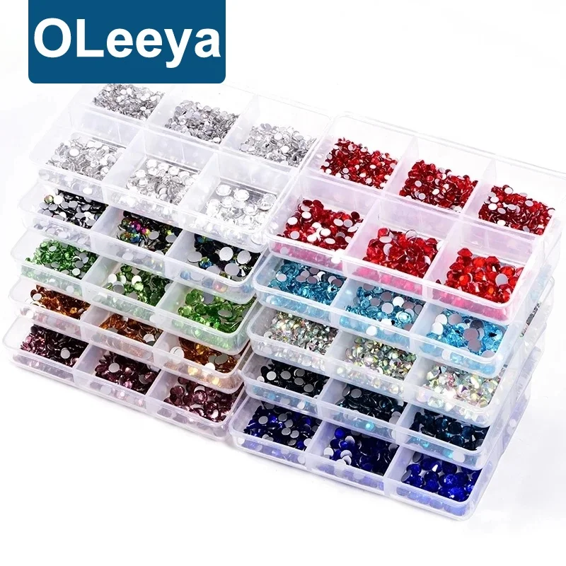 

Oleeya Factory Bulk Wholesale Price 1200pcs Mixed 6 Sizes Crystal AB Rhinestones Glass Non Hotfix Nail Rhinestones, Over 50pcs colors for choice