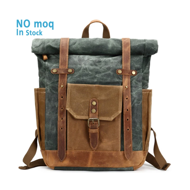 

Amazon retro waxed waterproof backpack hit color large outdoor men's canvas leather travel computer backpack, Lake green ,grey ,black,khaki and so on.