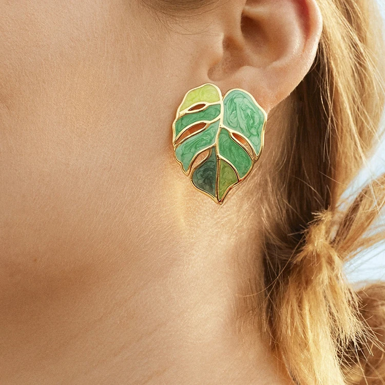 

Fashion Enamel Palm Leaf Earring Stud Bohemian Style Green Monstera Leaf Earrings For Women, Picture