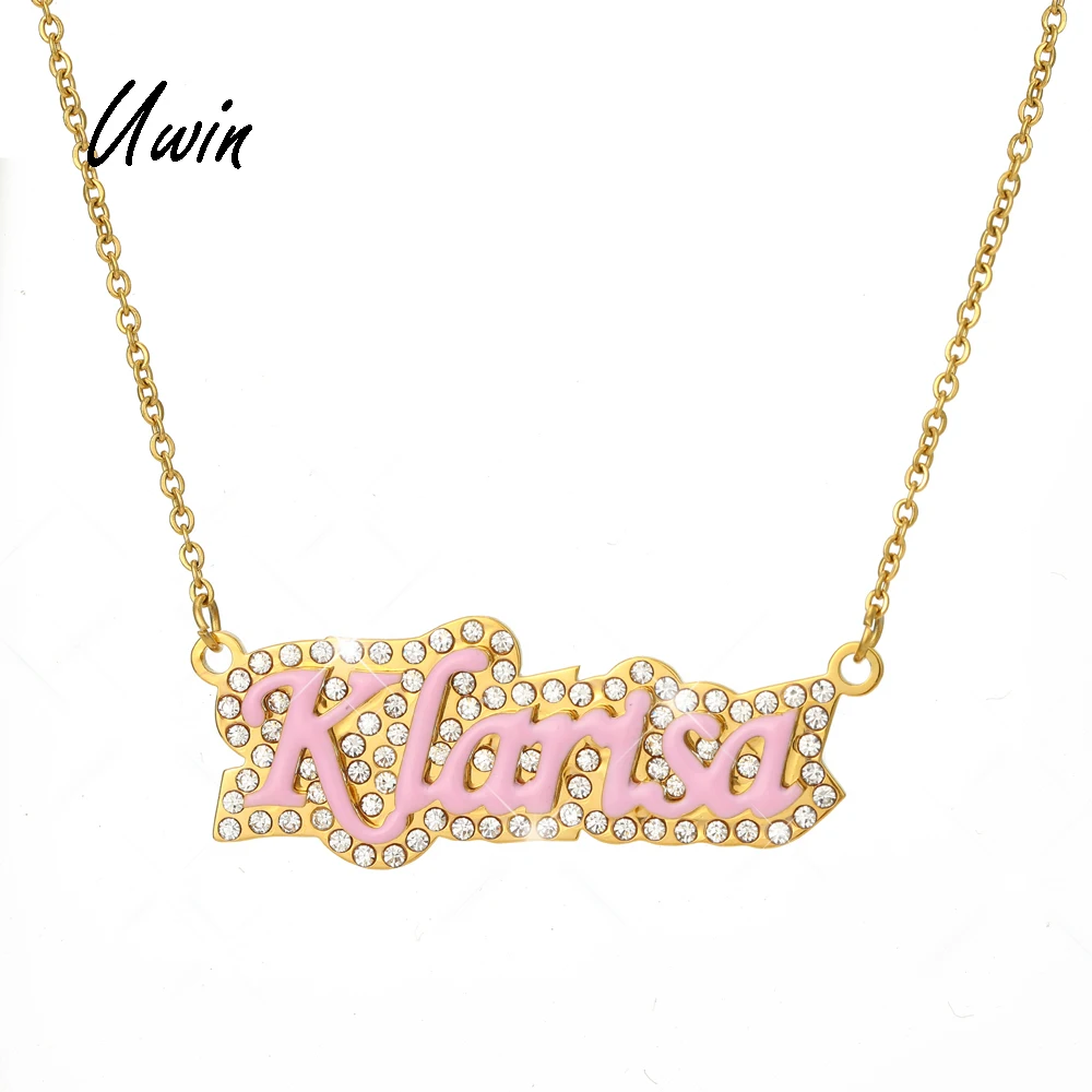 

Sparkling Name Plate Stainless Steel Rhinestones Necklace Pink Oil Gold Dipped Name Pendant, Gold plating, steel color