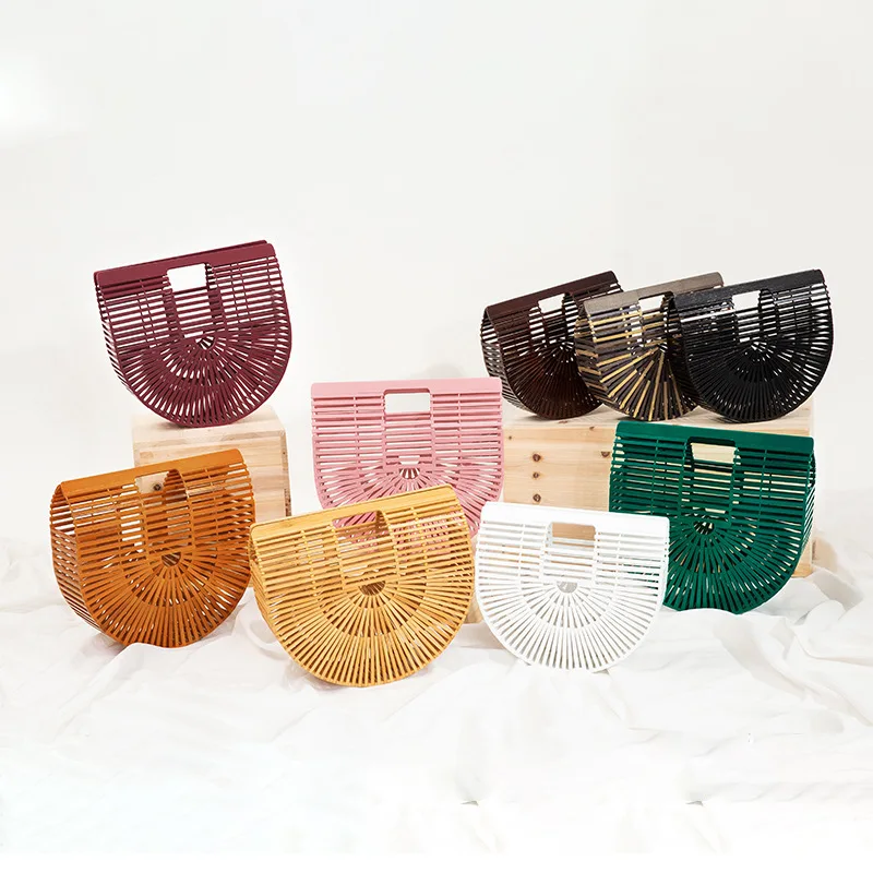 

Colorful handmade retro purse ladies bamboo rattan handbag portable clutch bag outdoor Hand Made Weave Semicircular Holiday Beac