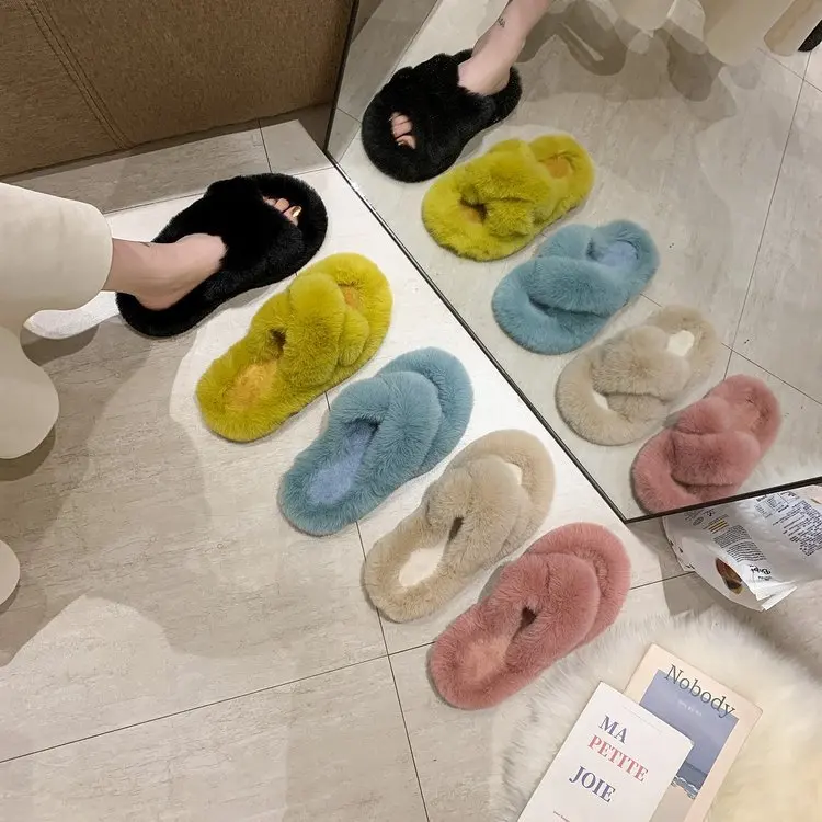 

Fashion Women Faux Fur Slides Cross Fuzzy Slippers For Women Winter House Slippers, Customized color
