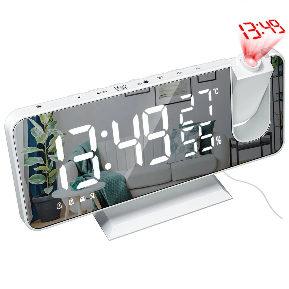 

Mirror Digital Clock Hygrometer Thermometer Multifunctional Digital Projection Device, White/blue