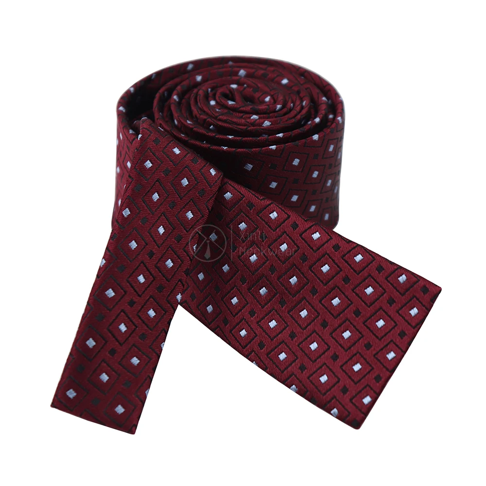

Burgundy Red Woven Jacquard Square Pattern Silk Neckties Wholesale Inventory Flat End Custom Skinny Tie