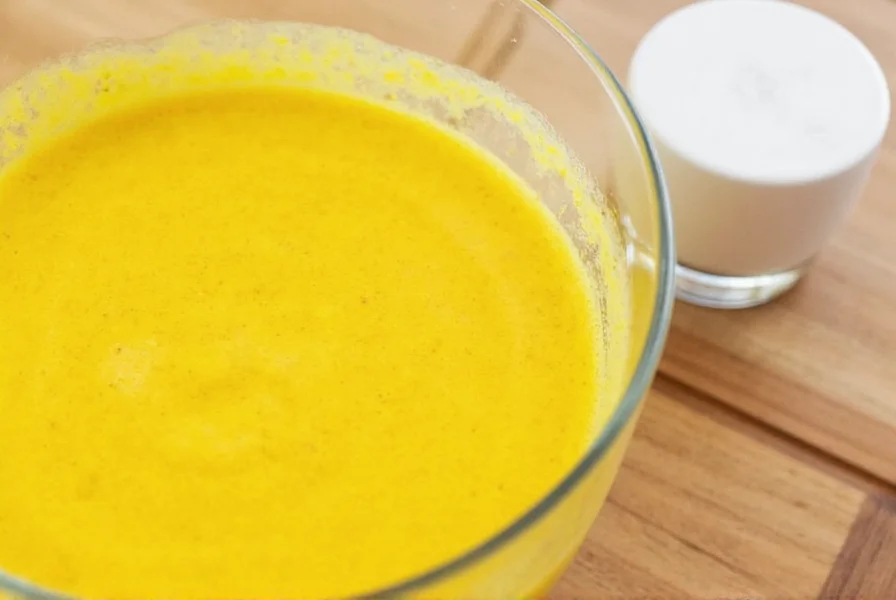 Various ingredients for turmeric milk recipe arranged on wooden table
