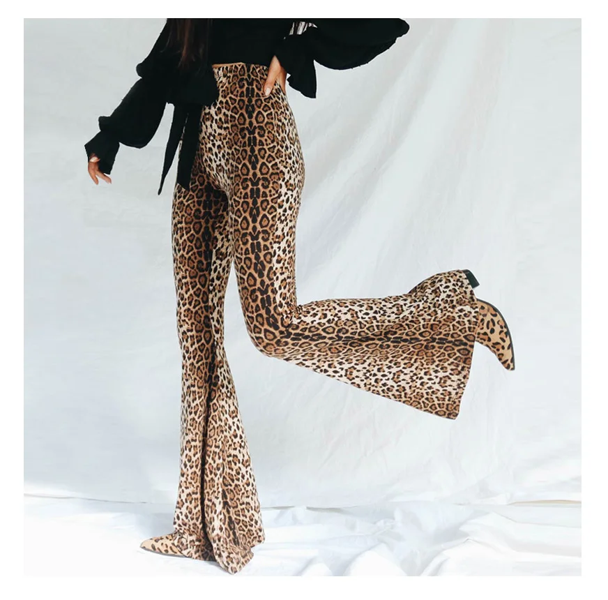 

2021 Winter New Elastic High Waist Women Leopard Flared Streetwear Pants