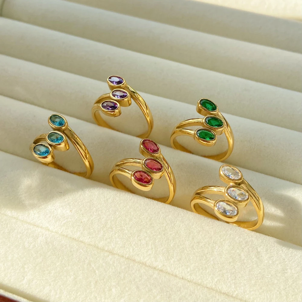 

Luxury Tree Leaf Shaped Three Layer Zircon Titanium Steel Open Ring Color Diamond Three Layer Stainless Steel Gold Plated Ring