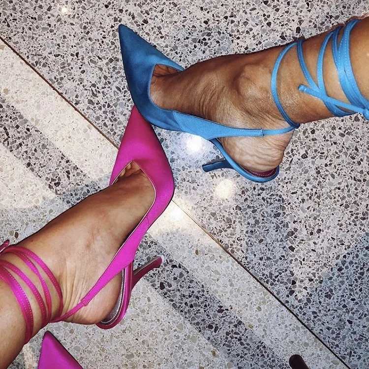 

Wholesale neon color satin lace up super high women heel pumps shoes