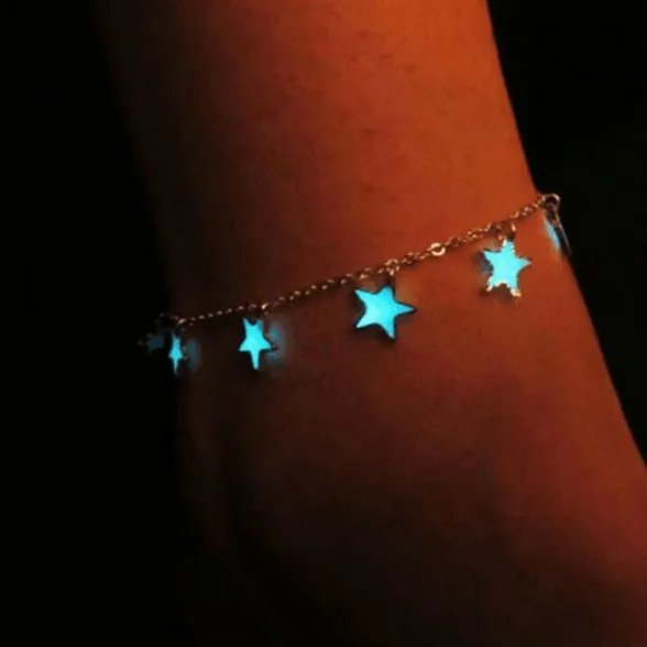 

Summer Newest Barefoot Sandals Silver Chain Tassel Anklets Night Bar Glow Blue Light Luminous Stars Anklet, Gold