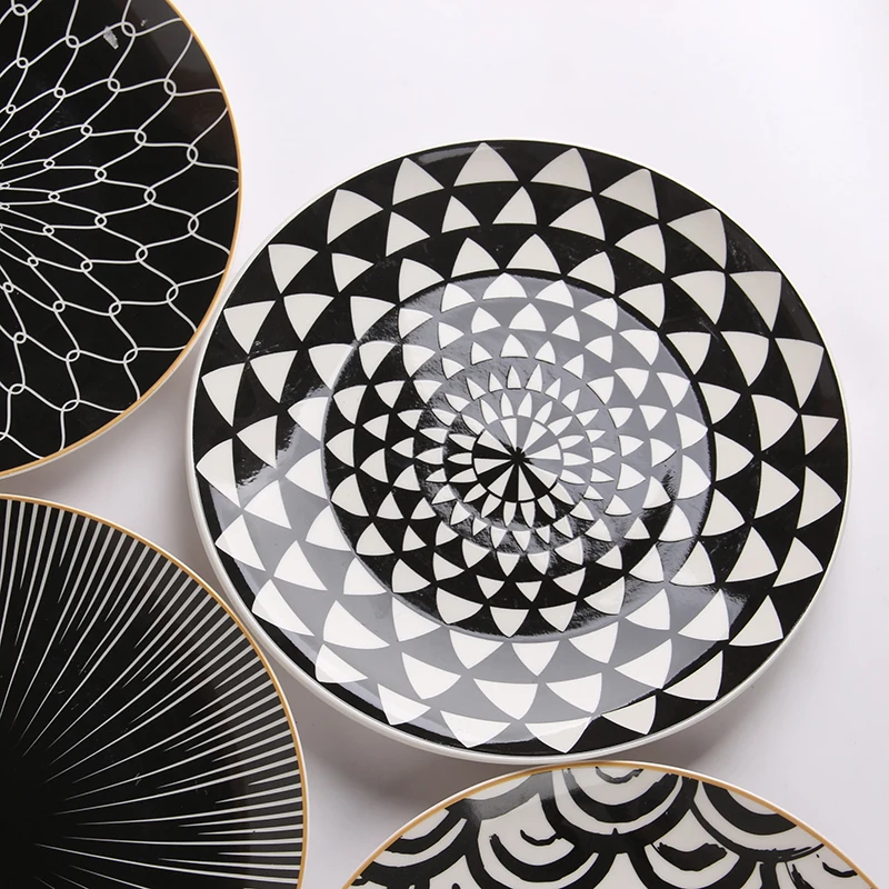 

Nordic Handmade Porcelain White And Black Polka Dots Flower Round Dinnerware Plates Ceramic Plate Luxury