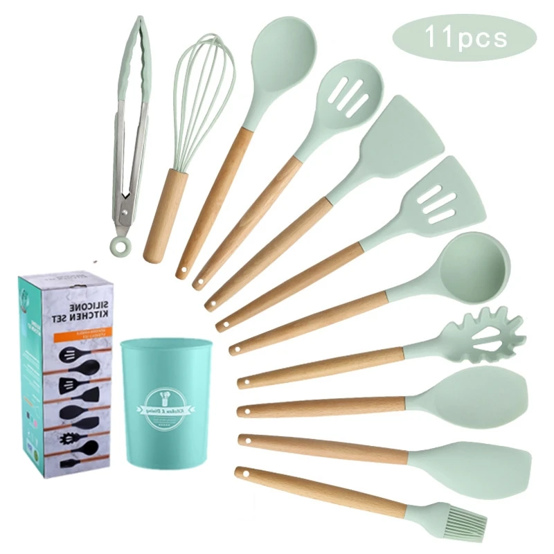 
11pcs Heat Resistant Wooden Non Stick Cooking Kitchen Gadgets Tools Silicone Utensils Set With Storage Bucket 
