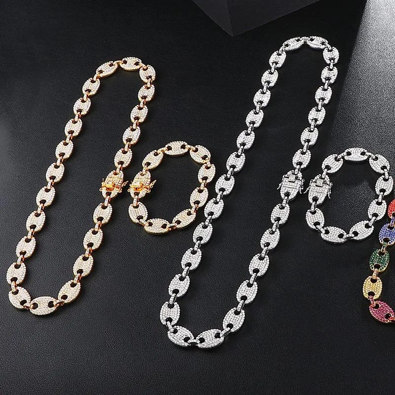 

Colorful Bling Iced Out Coffee Beans Bracelet Puffed Marine Chain 12mm Hip Hop Link Bracelets Jewelry for Man