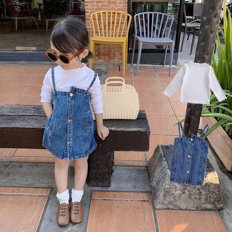 

Wholesale toddler girls clothing set Boutique spring denim overalls with white t shirt 2 pcs Clothing set for kids, Picture shows