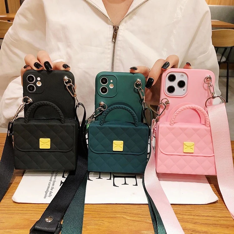 

Phones accessories 2021 case pink rubber strap lanyard crossbody handbag shaped mobile cell phone case bag with wallet for lady, Pink, green and black